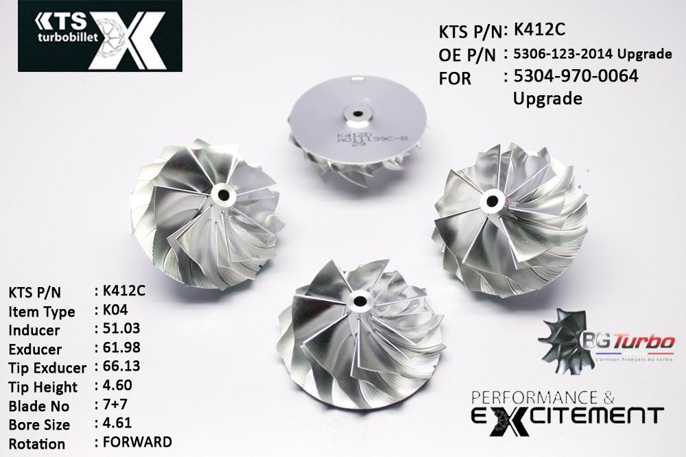 Turbo ROUE FORGÉE MFS PERFORMANCE - 7+7 PALES - INDUCER : 51,03 - EXDUCER : 61,98 - TYPE : K04ANGLE : 45° - ROTATION : Forward - SUPER BACK : 1,8 - BORE SIZE : 4,61
